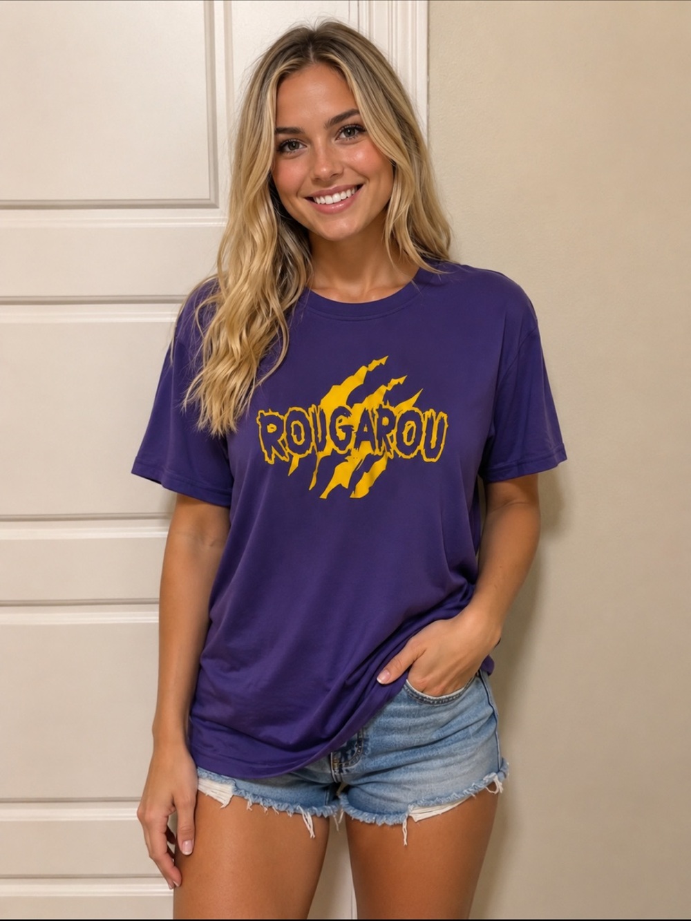 Purple 'ROUGAROU' Graphic Tee with Yellow Claw Design